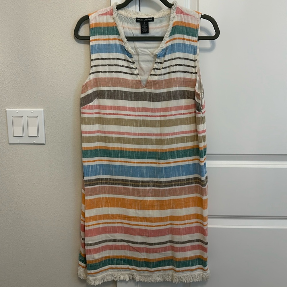 Chelsea and Theodore small fringed horizontal striped shift dress size small